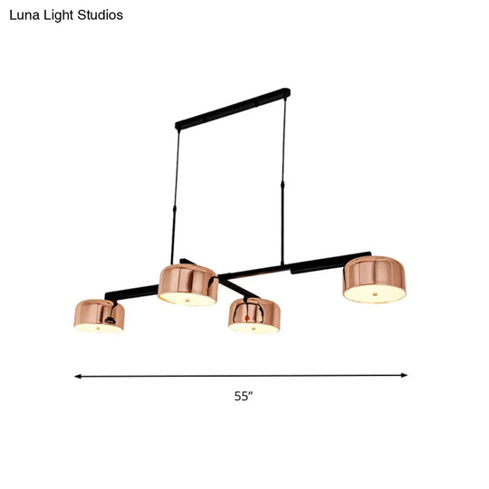 Linear Modernist Island Pendant Light With 4 Drum Shades In Black/Rose Gold