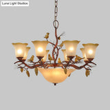 Lodge Bell Living Room Chandelier With Milky Glass Shades - 11 Lights Brown Pendant Lamp