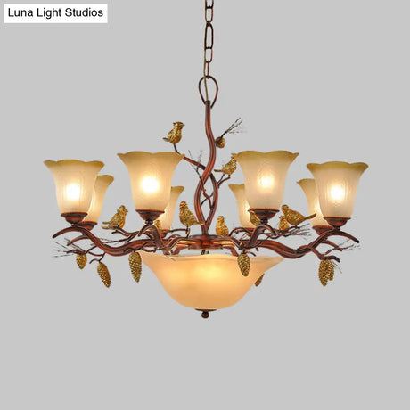 Lodge Bell Living Room Chandelier With Milky Glass Shades - 11 Lights Brown Pendant Lamp