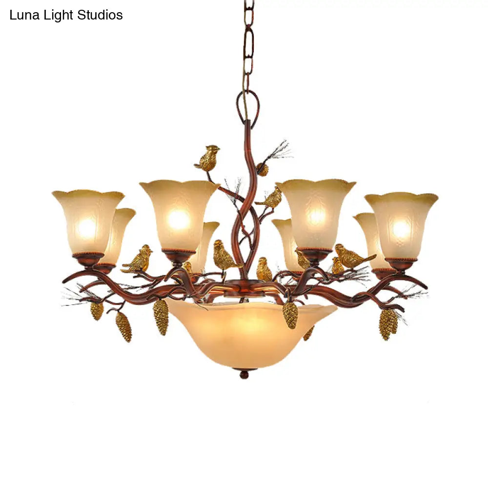 Lodge Bell Living Room Chandelier With Milky Glass Shades - 11 Lights Brown Pendant Lamp
