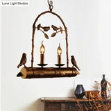 Lodge Birdcage Chandelier Lamp With Flameless Candle - Wrought Iron Pendant Lighting In Dark Rust
