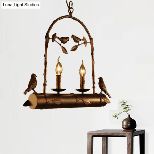 Lodge Birdcage Chandelier Lamp With Flameless Candle - 2-Light Wrought Iron Pendant Lighting In Dark