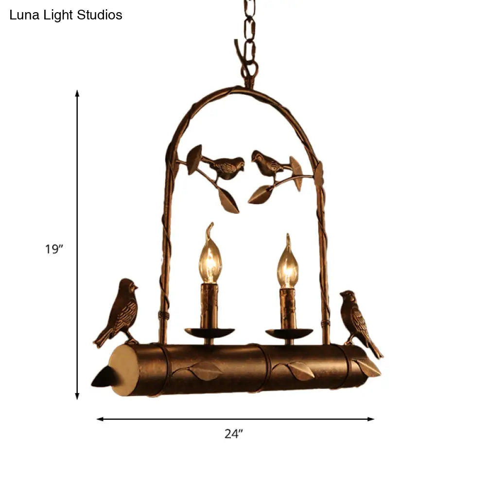 Lodge Birdcage Chandelier Lamp With Flameless Candle - Wrought Iron Pendant Lighting In Dark Rust