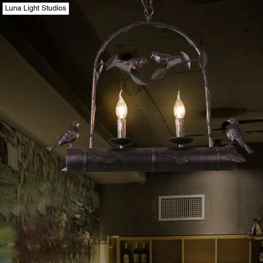 Lodge Birdcage Chandelier Lamp With Flameless Candle - Wrought Iron Pendant Lighting In Dark Rust