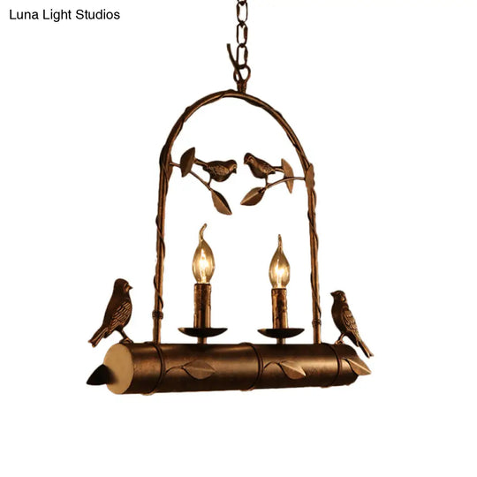 Lodge Birdcage Chandelier Lamp With Flameless Candle - Wrought Iron Pendant Lighting In Dark Rust
