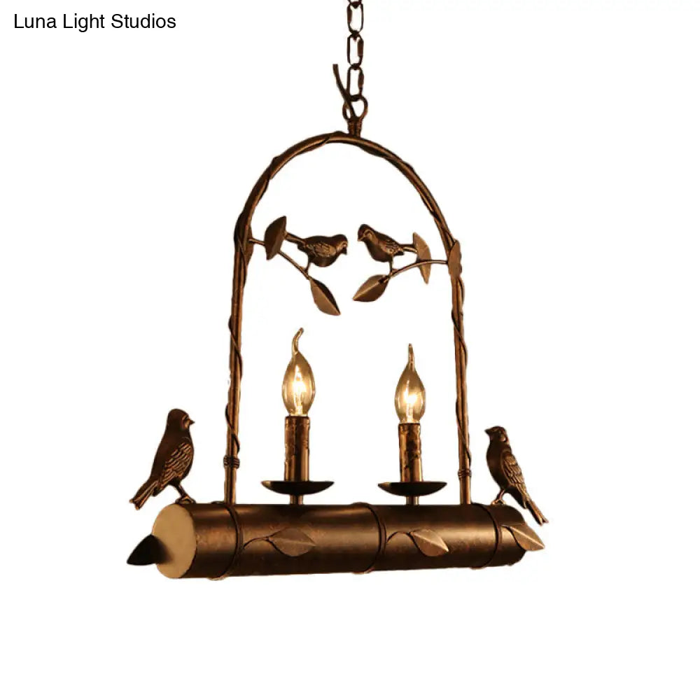 Lodge Birdcage Chandelier Lamp With Flameless Candle - 2-Light Wrought Iron Pendant Lighting In Dark