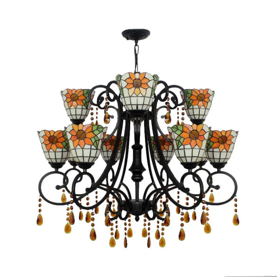 Lodge Bowl Chandelier: Stained Glass Inverted Chandelier With 11 Lights And Crystal In Orange