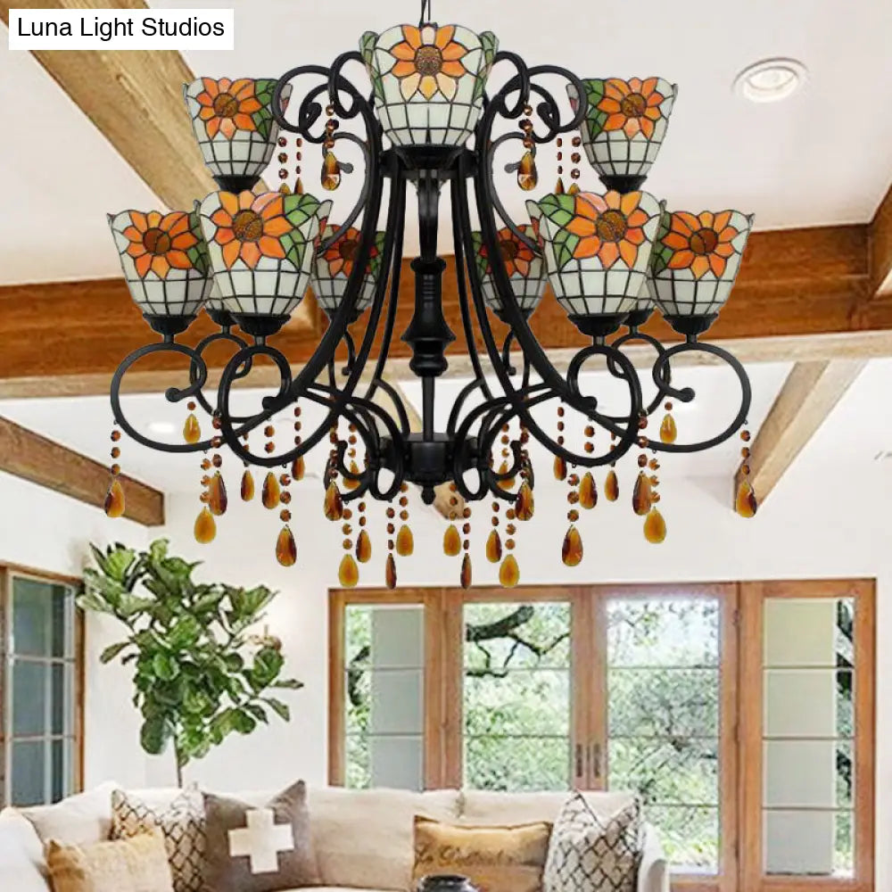 Lodge Bowl Chandelier: Stained Glass Inverted Chandelier With 11 Lights And Crystal In Orange