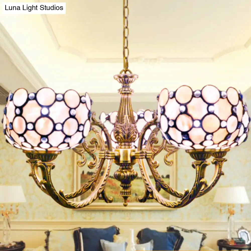 Lodge Bowl Pendant Stained Glass Chandelier - 5-Light White Hanging Fixture With Chain