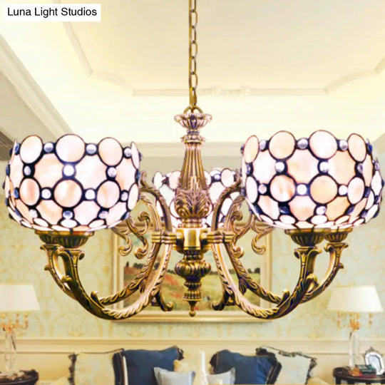 Lodge Bowl Pendant Stained Glass Chandelier - 5-Light White Hanging Fixture With Chain
