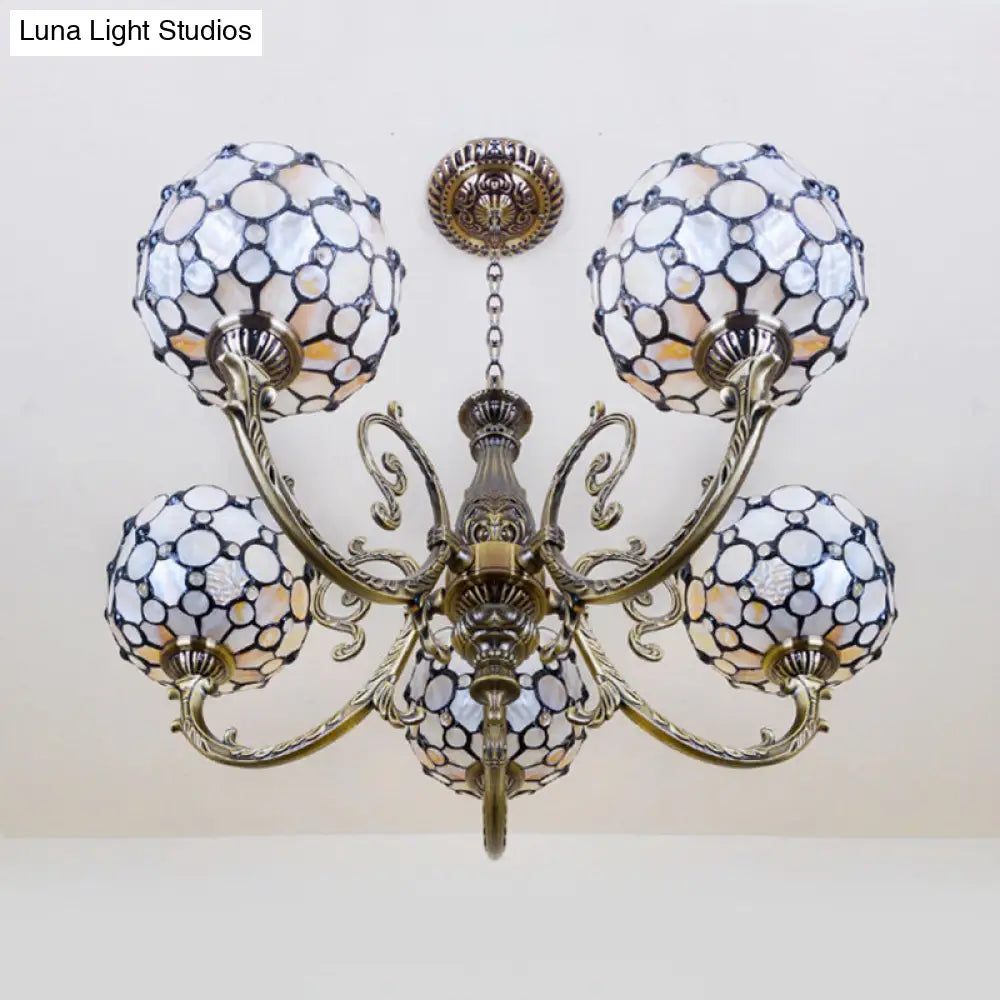 Lodge Bowl Pendant Stained Glass Chandelier - 5-Light White Hanging Fixture With Chain