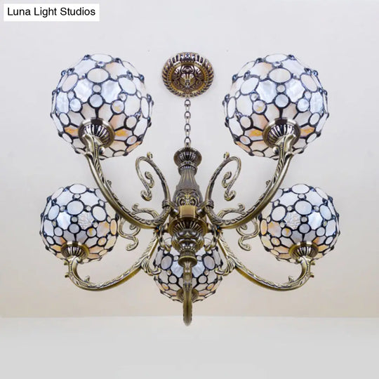 Lodge Bowl Pendant Stained Glass Chandelier - 5-Light White Hanging Fixture With Chain