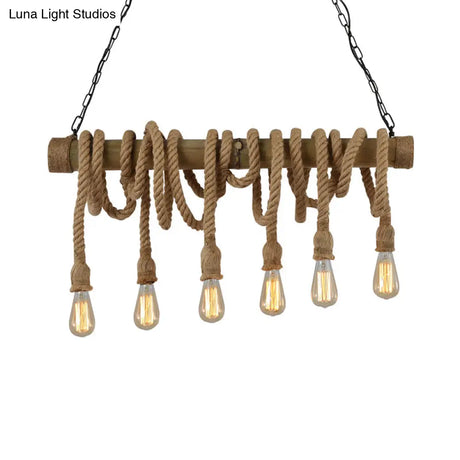 Lodge Industrial Beige Island Light With Adjustable Rope And Bamboo - 3/4 Lights Open Bulb