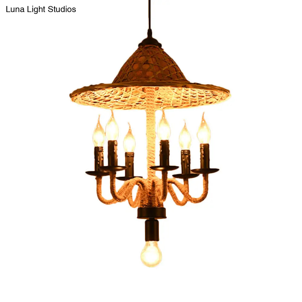 Bamboo-Woven Hat Top Bistro Ceiling Chandelier - Lodge Jute Rope Candle Style 6/7 Bulb Brown Hanging
