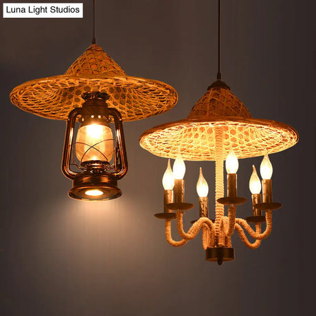 Lodge Jute Rope Ceiling Chandelier With Bamboo-Woven Hat Top - 6/7 Bulbs Brown Hanging Lamp