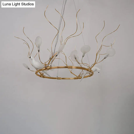 Lodge Led Gold Pendant Chandelier - Metal Ring Hanging Light With Acrylic Shade And Bird Accent