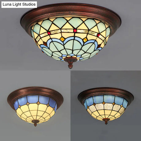 Lodge Stained Glass Bowl Ceiling Light Fixture - 1 Bulb Flushmount In Blue & White