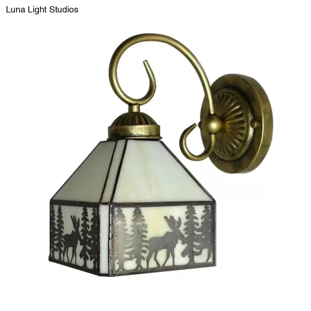 Lodge Stained Glass Wall Sconce With Curved Arm - Mini Mount Light