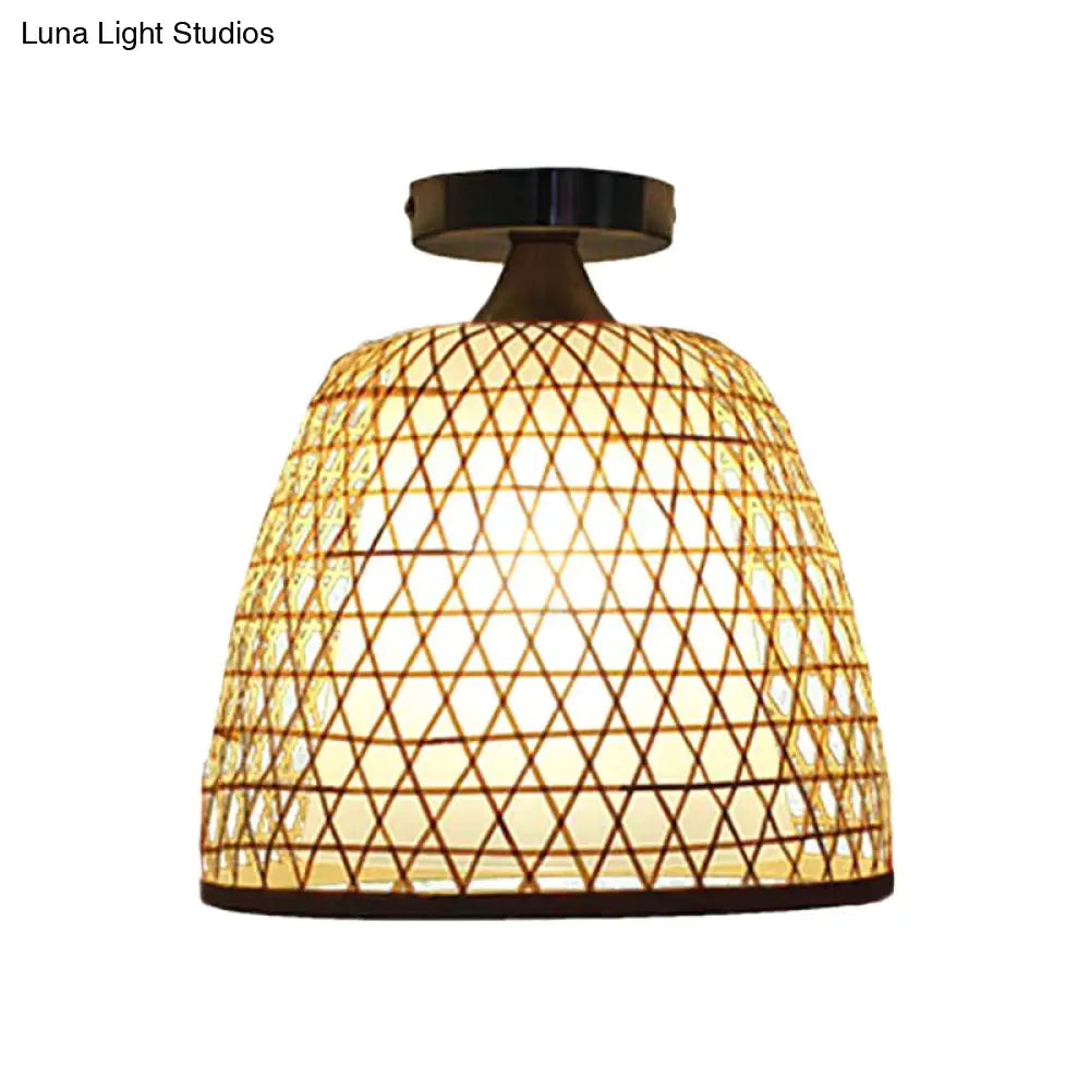 Lodge Style Bamboo Bucket Shade Semi Flush Light - Stylish Beige Ceiling Lighting For Corridor