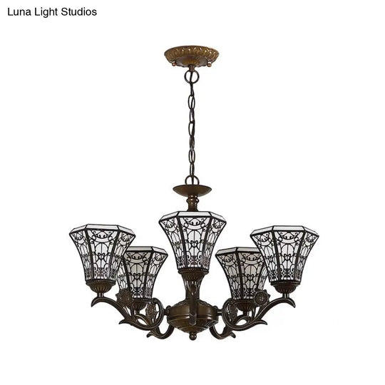 Lodge Style Bell Pendant Lighting: White And Black Glass Chandelier With Chain – 5 Light Lamp