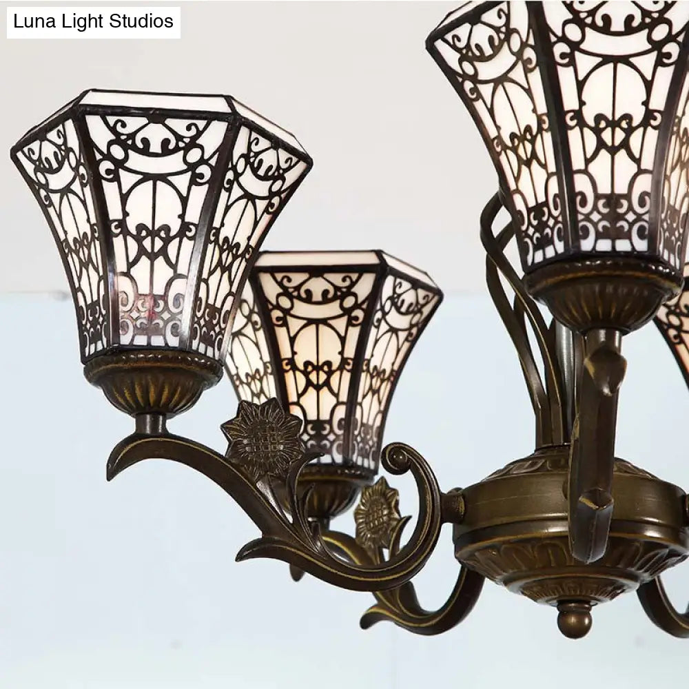 Lodge Style Bell Pendant Lighting - White And Black Glass Chandelier With 5 Lights Chain
