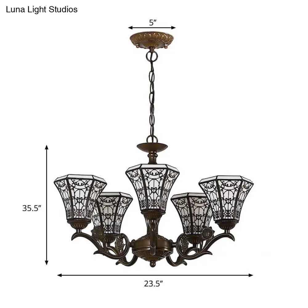 Lodge Style Bell Pendant Lighting: White And Black Glass Chandelier With Chain – 5 Light Lamp