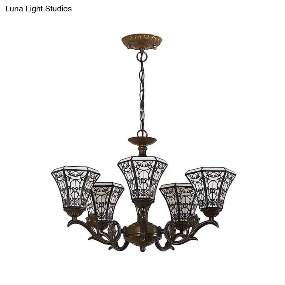 Lodge Style Bell Pendant Lighting - White And Black Glass Chandelier With 5 Lights Chain