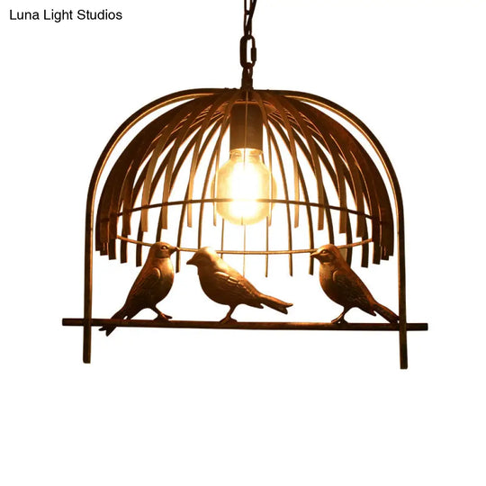 Lodge Style Birdcage Hanging Light Fixture - Iron Pendant With Dome Shade In Rust/Black
