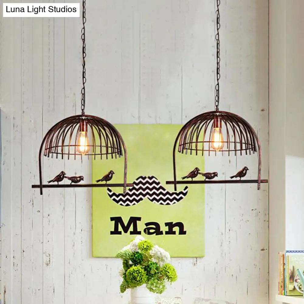 Lodge Style Birdcage Hanging Light Fixture - Iron Pendant With Dome Shade In Rust/Black