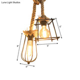 Lodge Style Black Caged Ceiling Fixture With Metal And Rope Hangings - 2 Lights Unique Shade For