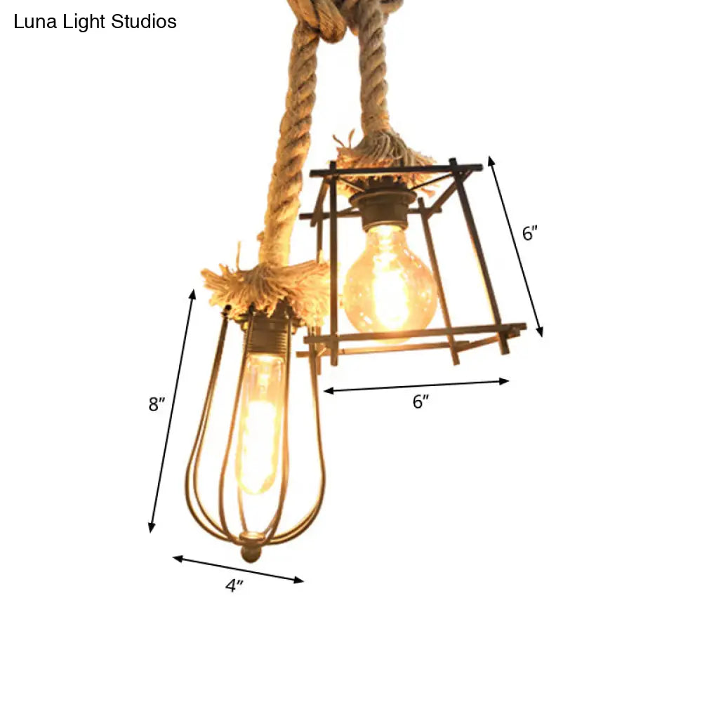 Lodge Style Black Caged Ceiling Fixture: 2-Light Metal And Rope Hanging Lighting With Unique Shade