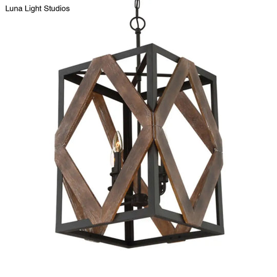 Lodge Style Black Metal Pendant Light With Wooden Rhombus Accents - 4-Light Rectangle Cage Hanging