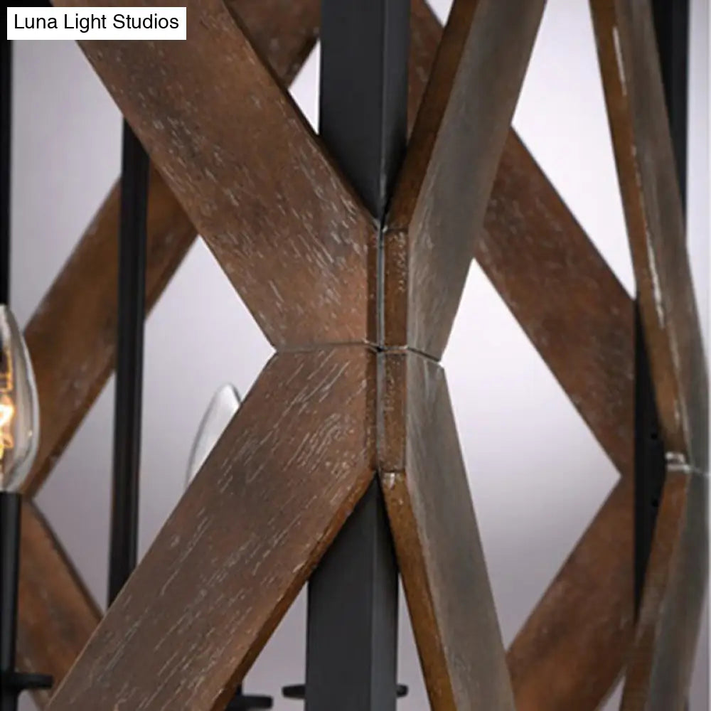 Black Metal Rectangle Cage Pendant Light With Rhombus Wood Design - Lodge Style Décor