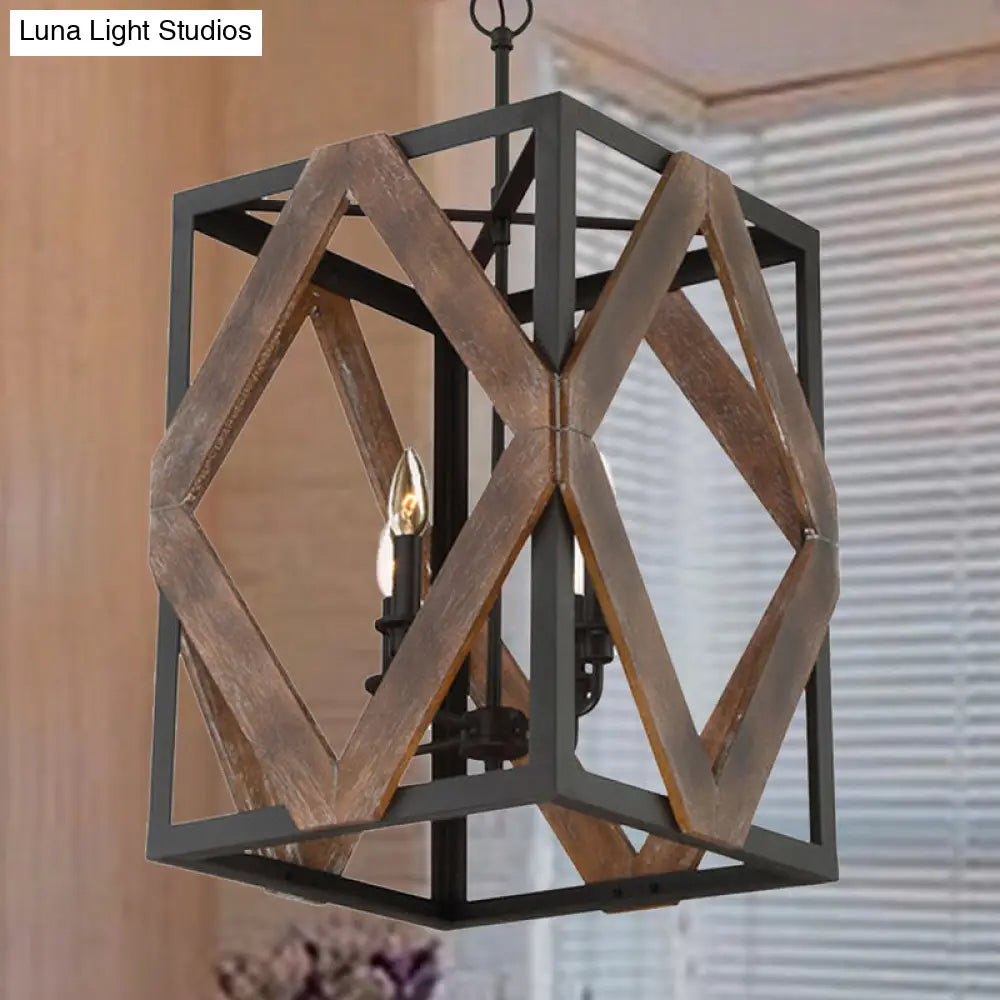 Black Metal Rectangle Cage Pendant Light With Rhombus Wood Design - Lodge Style Décor