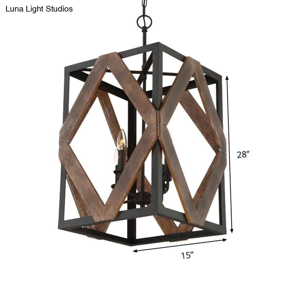 Black Metal Rectangle Cage Pendant Light With Rhombus Wood Design - Lodge Style Décor