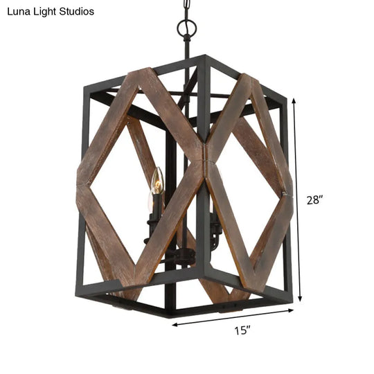 Black Metal Rectangle Cage Pendant Light With Rhombus Wood Design - Lodge Style Décor