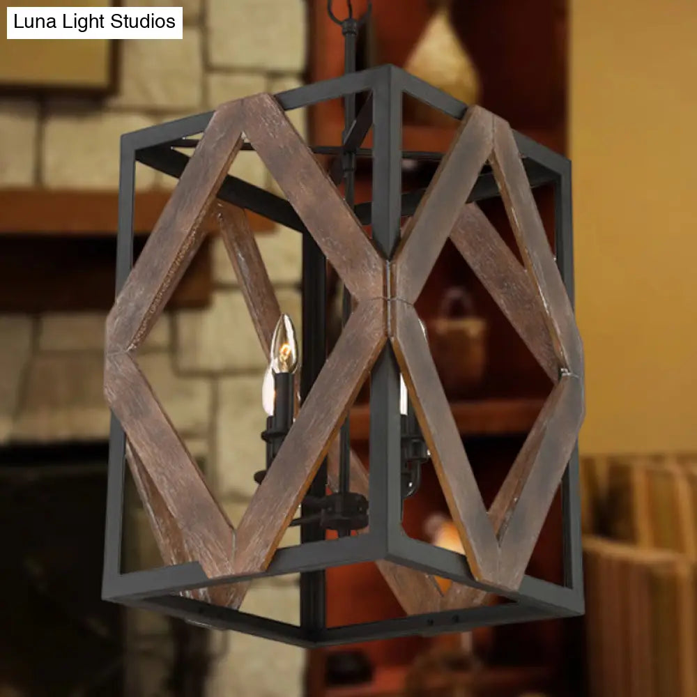 Lodge Style Black Metal Pendant Light With Wooden Rhombus Accents - 4-Light Rectangle Cage Hanging