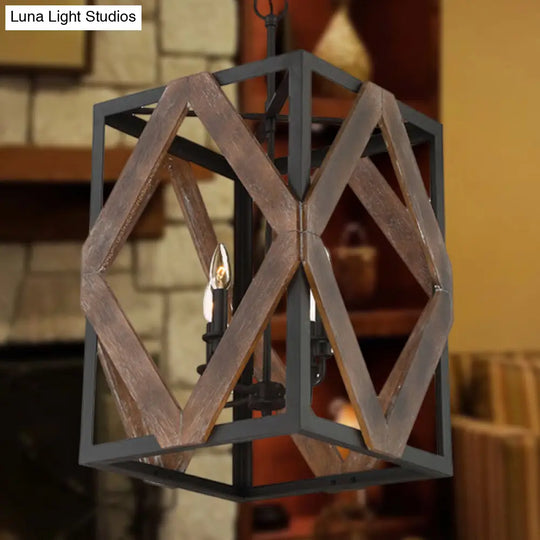 Lodge Style Black Metal Pendant Light With Wooden Rhombus Accents - 4-Light Rectangle Cage Hanging