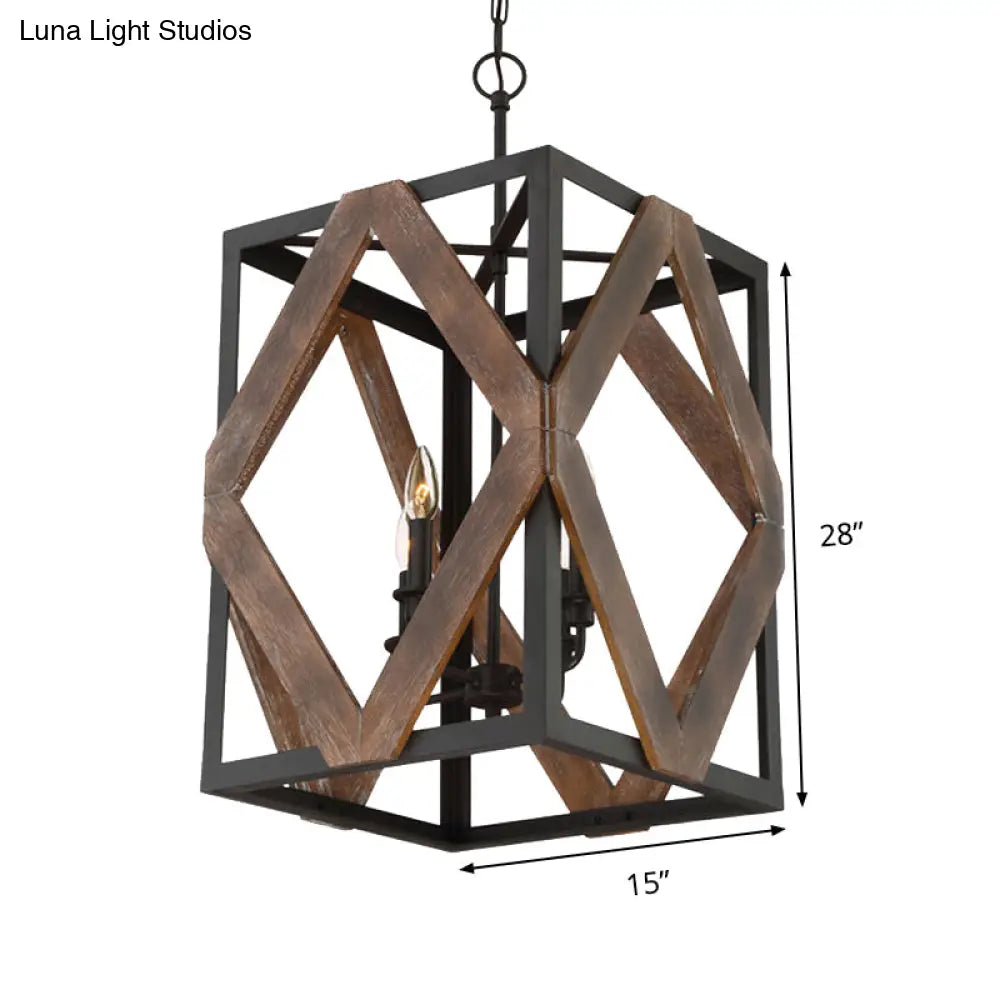 Lodge Style Black Metal Pendant Light With Wooden Rhombus Accents - 4-Light Rectangle Cage Hanging