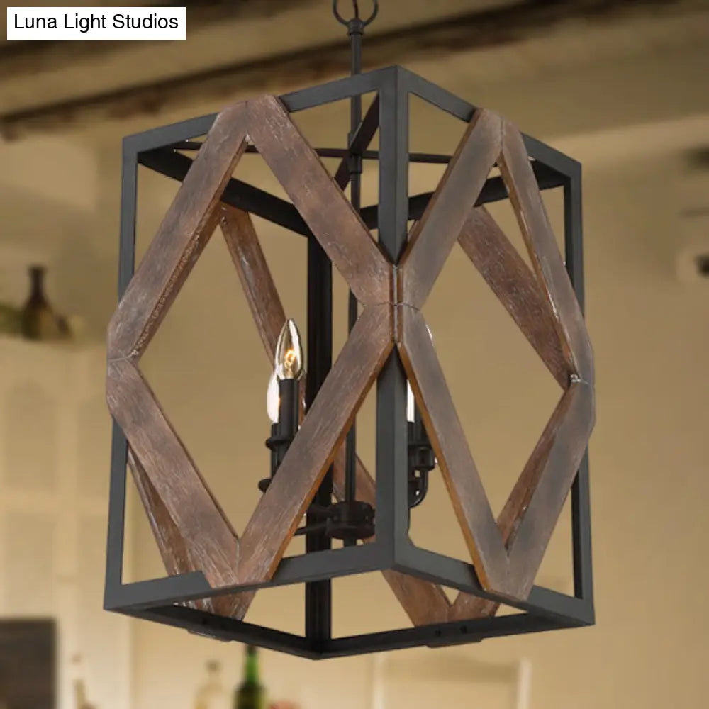 Black Metal Rectangle Cage Pendant Light With Rhombus Wood Design - Lodge Style Décor