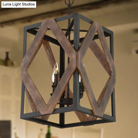 Black Metal Rectangle Cage Pendant Light With Rhombus Wood Design - Lodge Style Décor