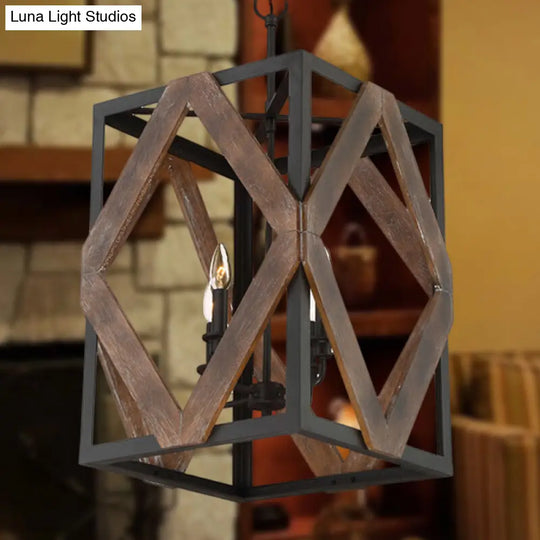 Black Metal Rectangle Cage Pendant Light With Rhombus Wood Design - Lodge Style Décor