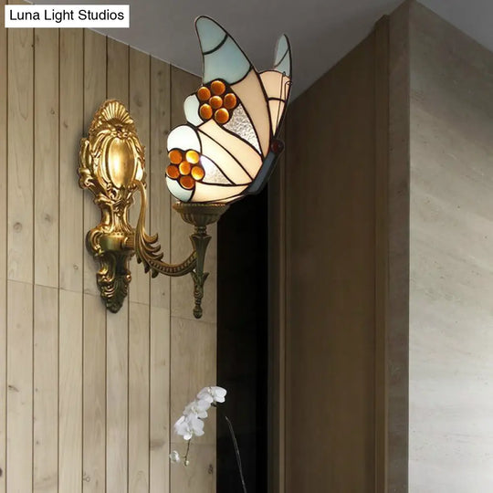 Lodge-Style Blue Butterfly Wall Sconce: Stained Glass Kitchen Lighting