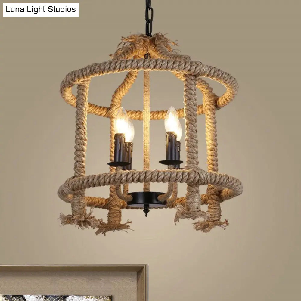 Lodge-Style Brown Pendant Lamp With 4 Rope Cage Shades - Stylish Hanging Light Fixture Perfect For