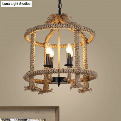 Lodge-Style Brown Pendant Lamp With 4 Rope Cage Shades - Stylish Hanging Light Fixture Perfect For