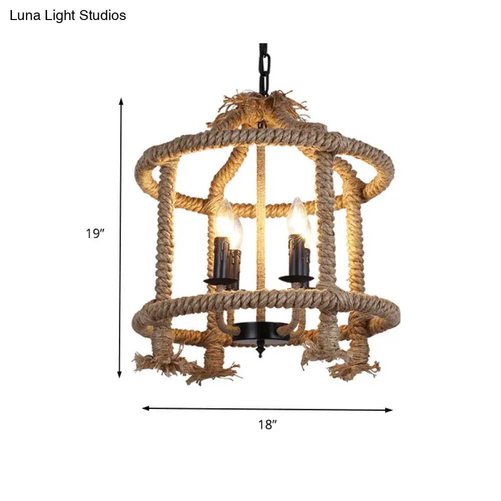 Lodge-Style Brown Pendant Lamp With 4 Rope Cage Shades - Stylish Hanging Light Fixture Perfect For