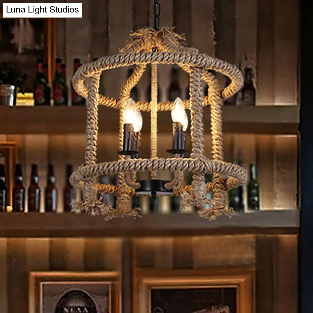 Lodge-Style Brown Pendant Lamp With 4 Rope Cage Shades - Stylish Hanging Light Fixture Perfect For
