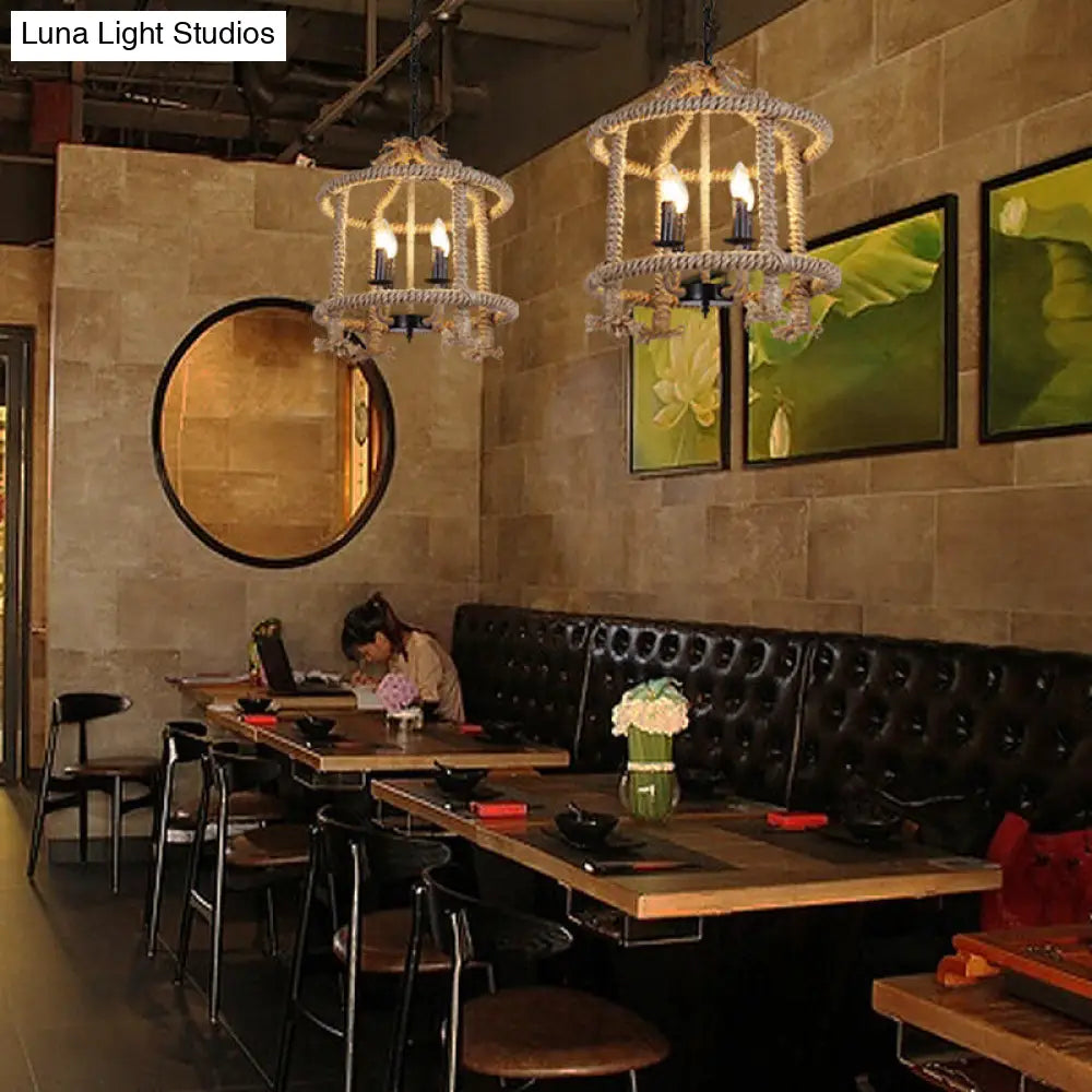 Lodge-Style Brown Pendant Lamp With 4 Rope Cage Shades - Stylish Hanging Light Fixture Perfect For