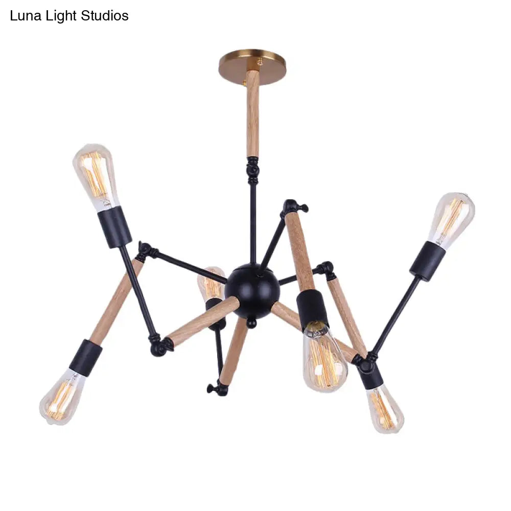 Lodge Style Open Bulb Chandelier: Adjustable 6/8-Head Wood And Metal Ceiling Light Fixture