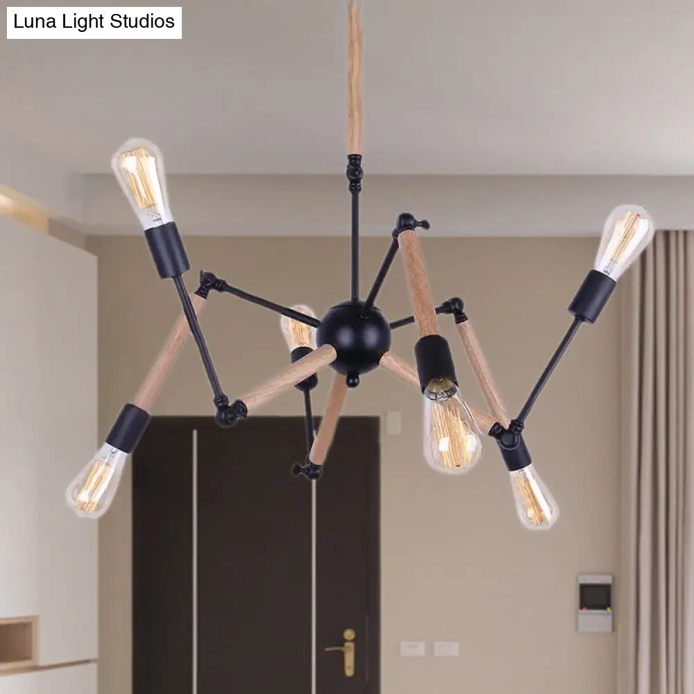 Lodge Style Open Bulb Chandelier: Adjustable 6/8-Head Wood And Metal Ceiling Light Fixture
